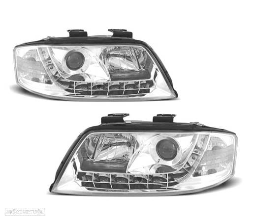 FARÓIS FRONTAIS LUZ DIURNA LED PARA AUDI A6 4B 01-04 FUNDO CROMADO - 1