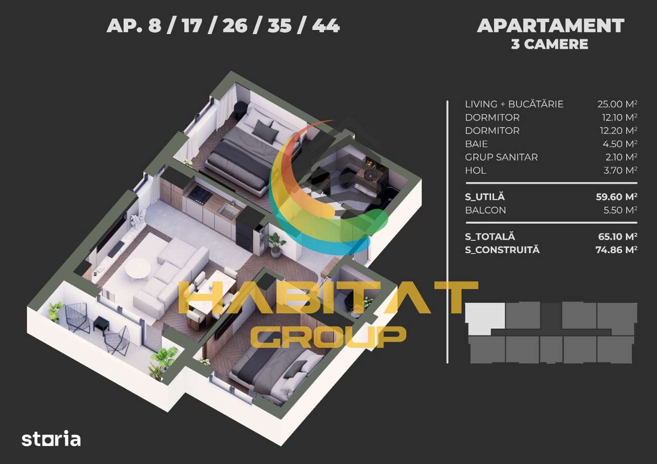 Apartament 3 camere, termen decembrie 2025 - Imagine principală: 2/7