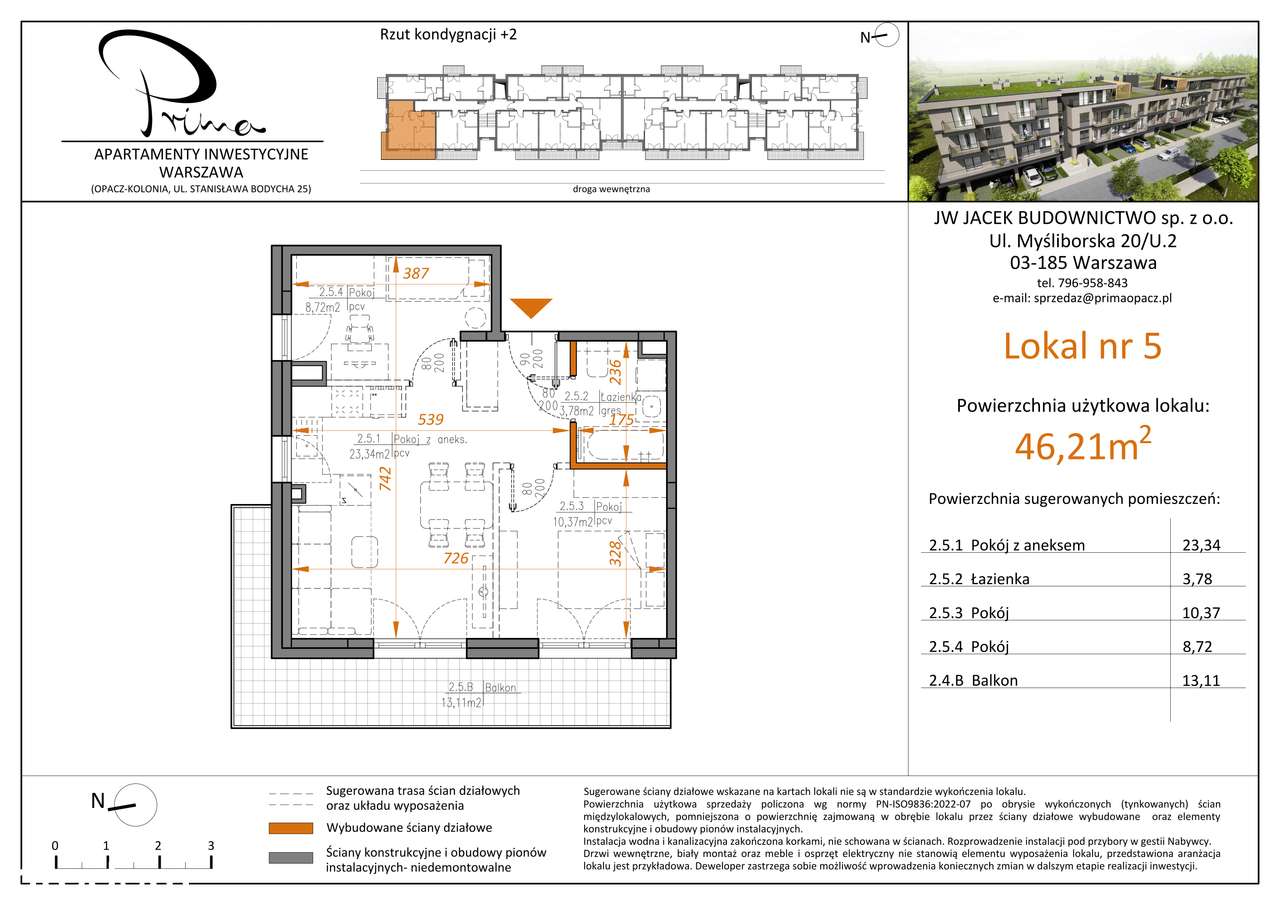 3 - pokojowe mieszkanie 46m2 z balkonem 13m2 - Pełny obrazek: 2/6