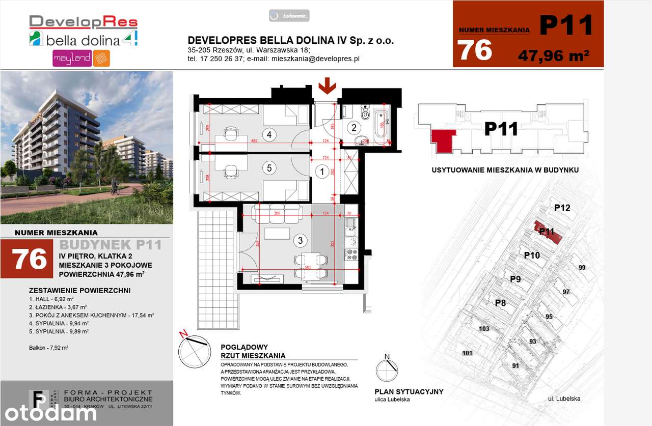 Jasne 47,96 m², 3 pokoje, balkon , 4 piętro - P11-76