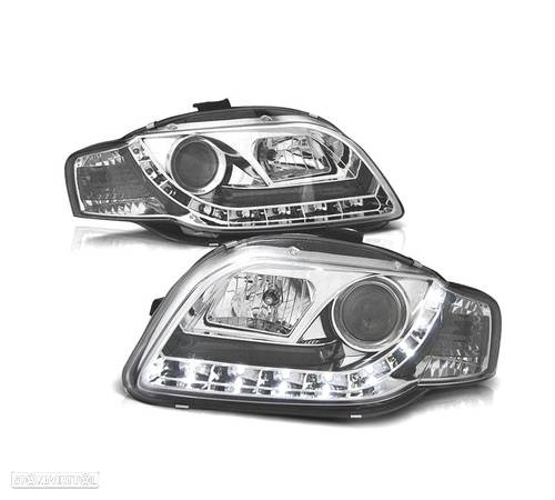 FARÓIS COM LUZ DIURNA LED PARA AUDI A4 B7 04-07 FUNDO CROMADO - 1