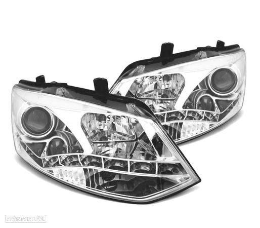 FARÓIS COM LUZ DIURNA LED PARA VOLKSWAGEN VW POLO 10+ FUNDO CROMADO - 1