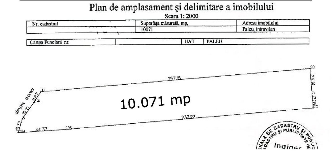 Teren intravilan de vanzare cu o suprafata de 10071 mp in Paleu,Bihor