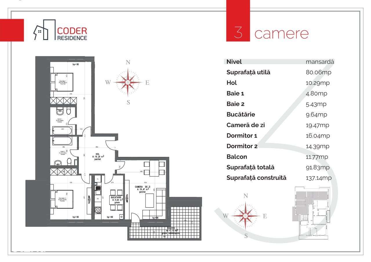 Apartament 3 camere - penthouse - Coder Residence 3-19
