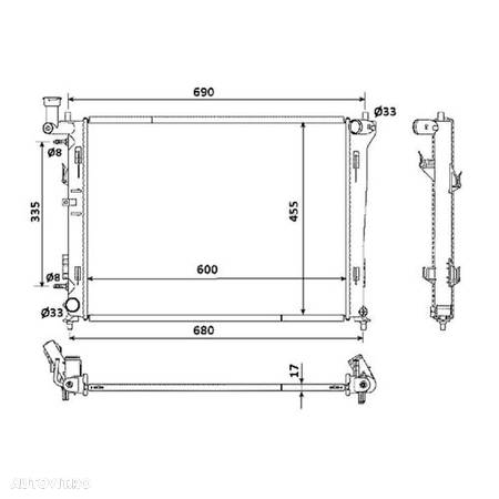 Radiator racire Kia Cee'd/Pro Ceed, 2007-2012 1,4 80kw; 1,6 90 Kw; 2,0 102/105kw Benzina, Automat, Cu/fara AC, diametru intrare/iesire 34/34mm, 599x448x16, Cu lipire fagure prin brazare - 1