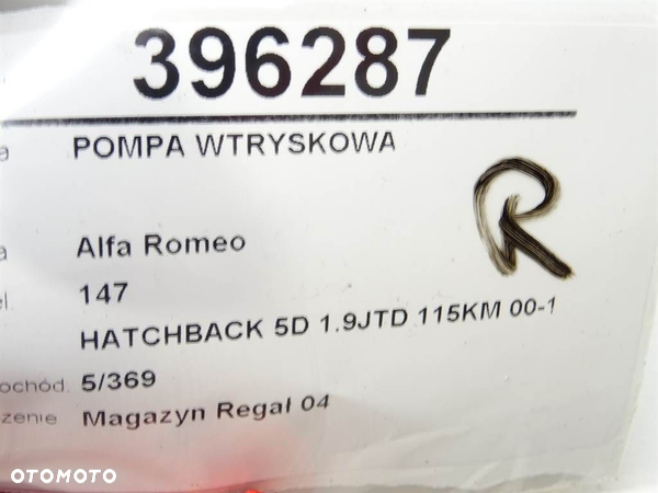 POMPA WTRYSKOWA ALFA ROMEO 147 (937_) 2000 - 2010 1.9 JTD (937.AXD1A, 937.BXD1A) 85 kW [115 KM] olej - 4
