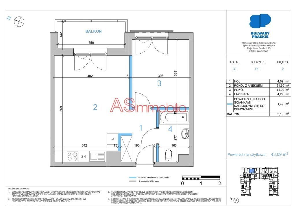 42,95m | balkon | Bulwary Praskie | Bez Prowizji