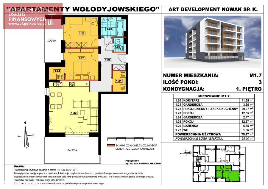 Deweloperskie- 3 pok.- 79,77 m2, Wołodyjowskiego,