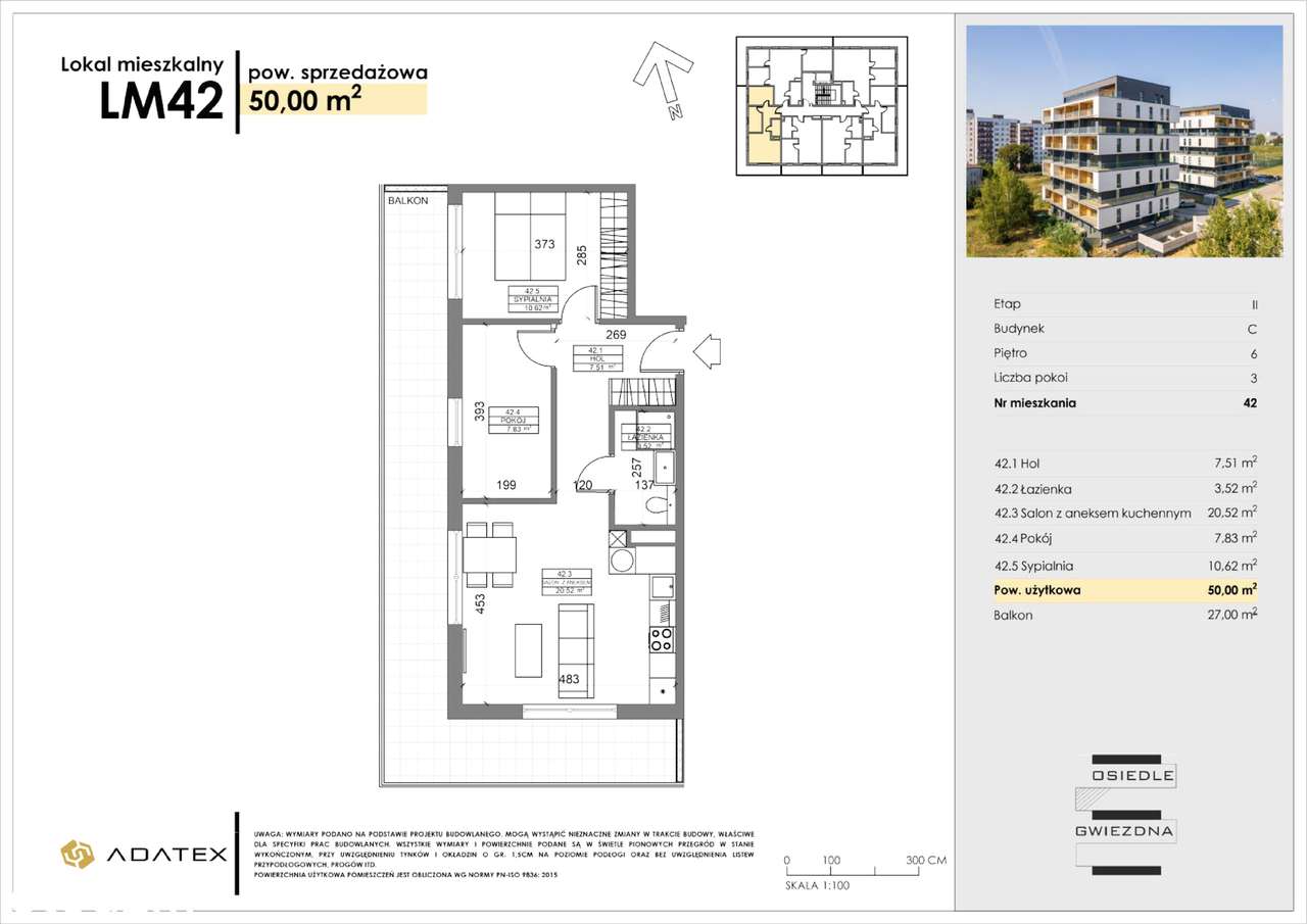 Osiedle Gwiezdna| mieszkanie 3 pokoje | KOMPAKTOWE - balkon 27m2 | C42 - Pełny obrazek: 2/14