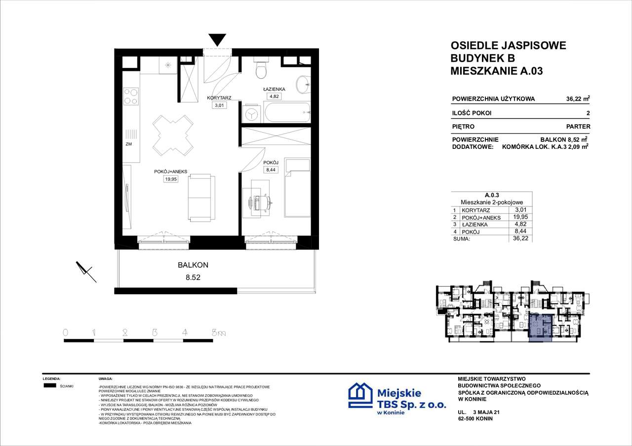 Mieszkanie, 36,22 m², Konin-1