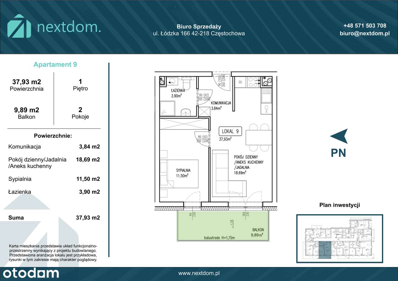 Apartament 9 - 37.93m2 + balkon 9.89m2 - Łódzka 166 Częstochowa - Pełny obrazek: 5/16