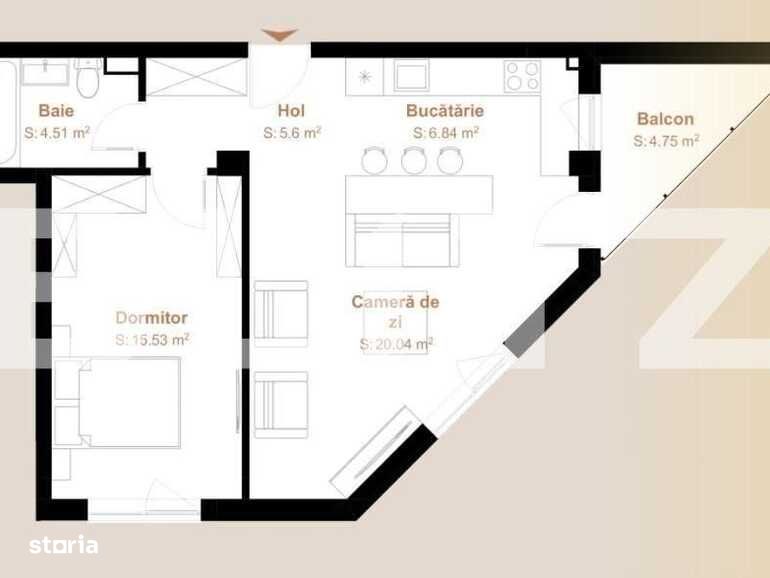 Apartament 2 camere, 52,52 mp + balcon 4,75, zona Vivo