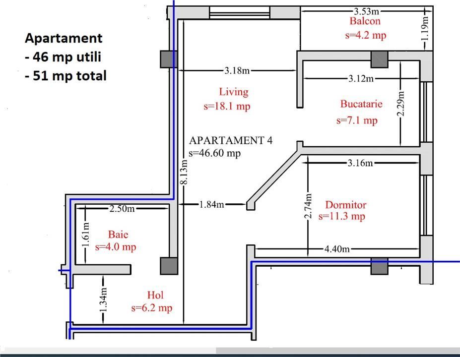 Apartament 2 camere 51 mp - zona Manta Rosie