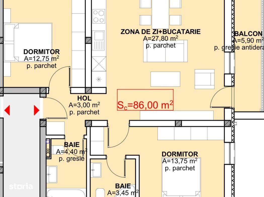 Apartament 3 camere, semifinisat, bloc nou, etaj 2, cu parcare