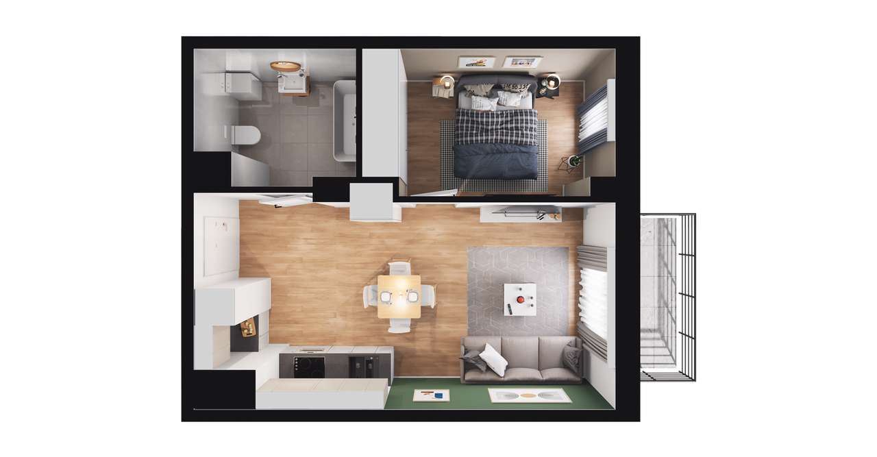 1-pokojowy apartament inwestycyjny 38m2 + balkon - Pełny obrazek: 2/8