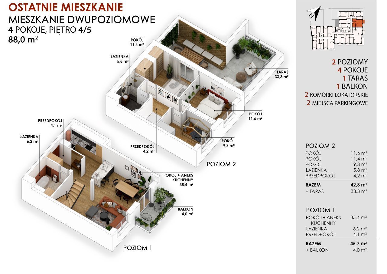 CortenHouse – 2 poziomy/4 pokoje/taras/88m²
