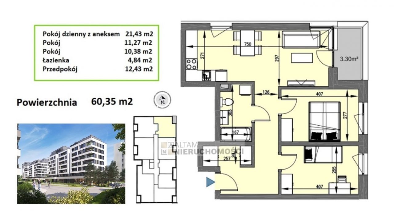 3pok 60,5m2 balkon|park|garderoba|Mistrzejowice|0%