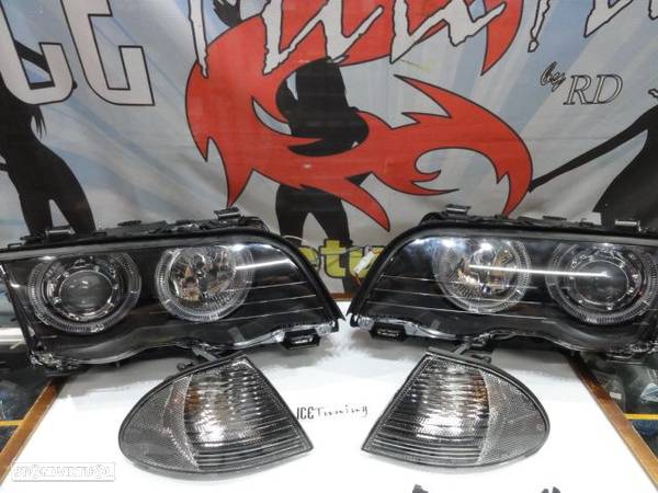 Farois angel eyes BMW E46 4 portas / limosine 98-01 fundo preto com angel eyes em branco - 2