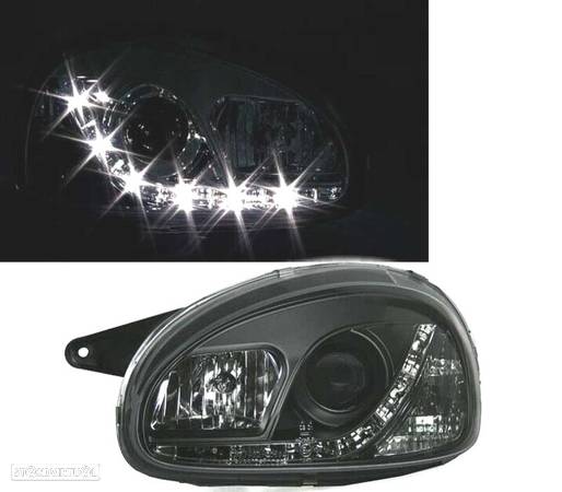 FARÓIS COM LUZ DIURNA LED PARA OPEL CORSA B 93-00 FUNDO PRETO - 2