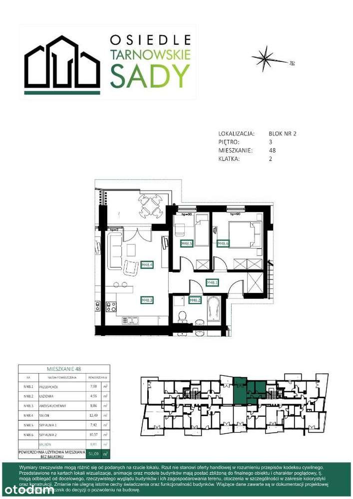 Tarnowskie Sady Blok 2 M48 mieszkanie 51,09m² - Pełny obrazek: 2/7