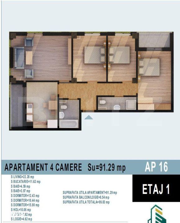 Apartament de camere 91 mp utili, bloc nou