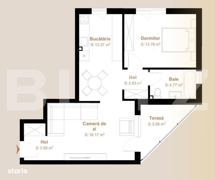 Apartament 2 camere, 55,71 mp + terasa 5,56, zona exclusivista Vivo