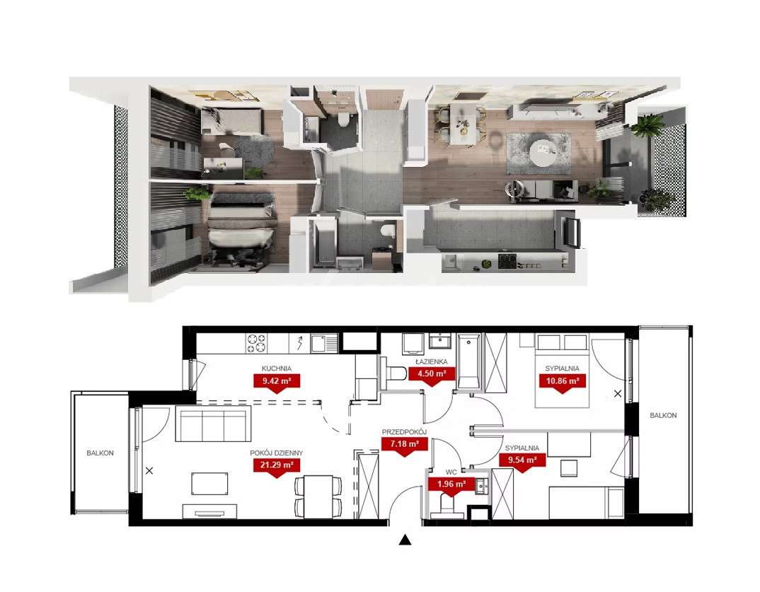 Promocja - Dwustronne -PN-PD - Dwa balkony -WC - Pełny obrazek: 2/6