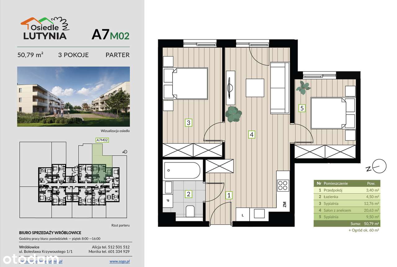 3 pokoje | 50,79 m² | duży ogród 60 m2 | stan deweloperski | parter (lokal A7M02)