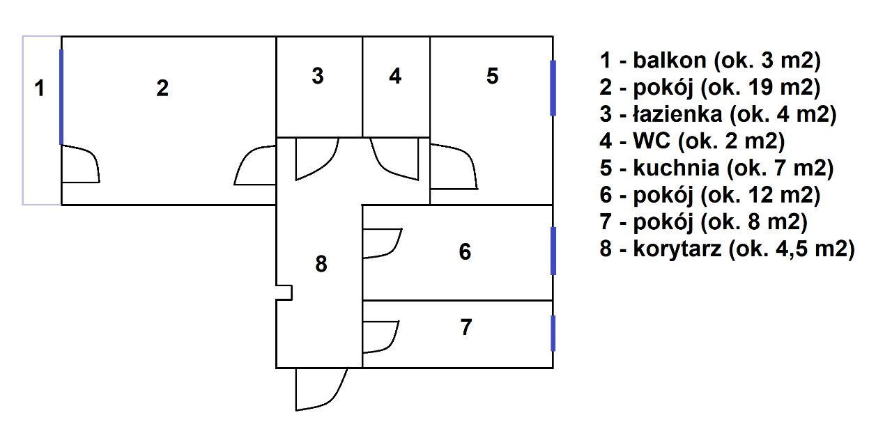 3 pokoje, kuchnia, wc, łazienka, balkon, piwnica