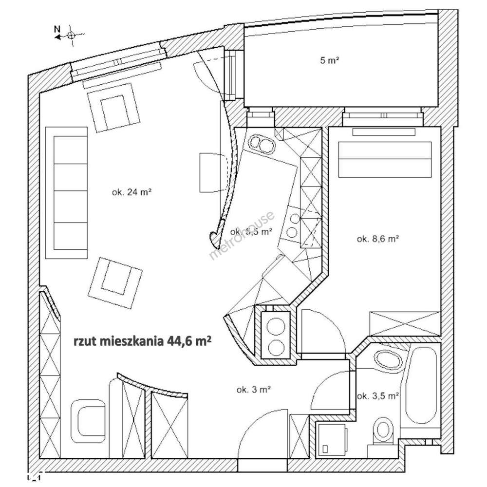 2 pokoje 44,6 m2,Klimatyzowane z loggią,Basen w budynku,METRO 2032-19