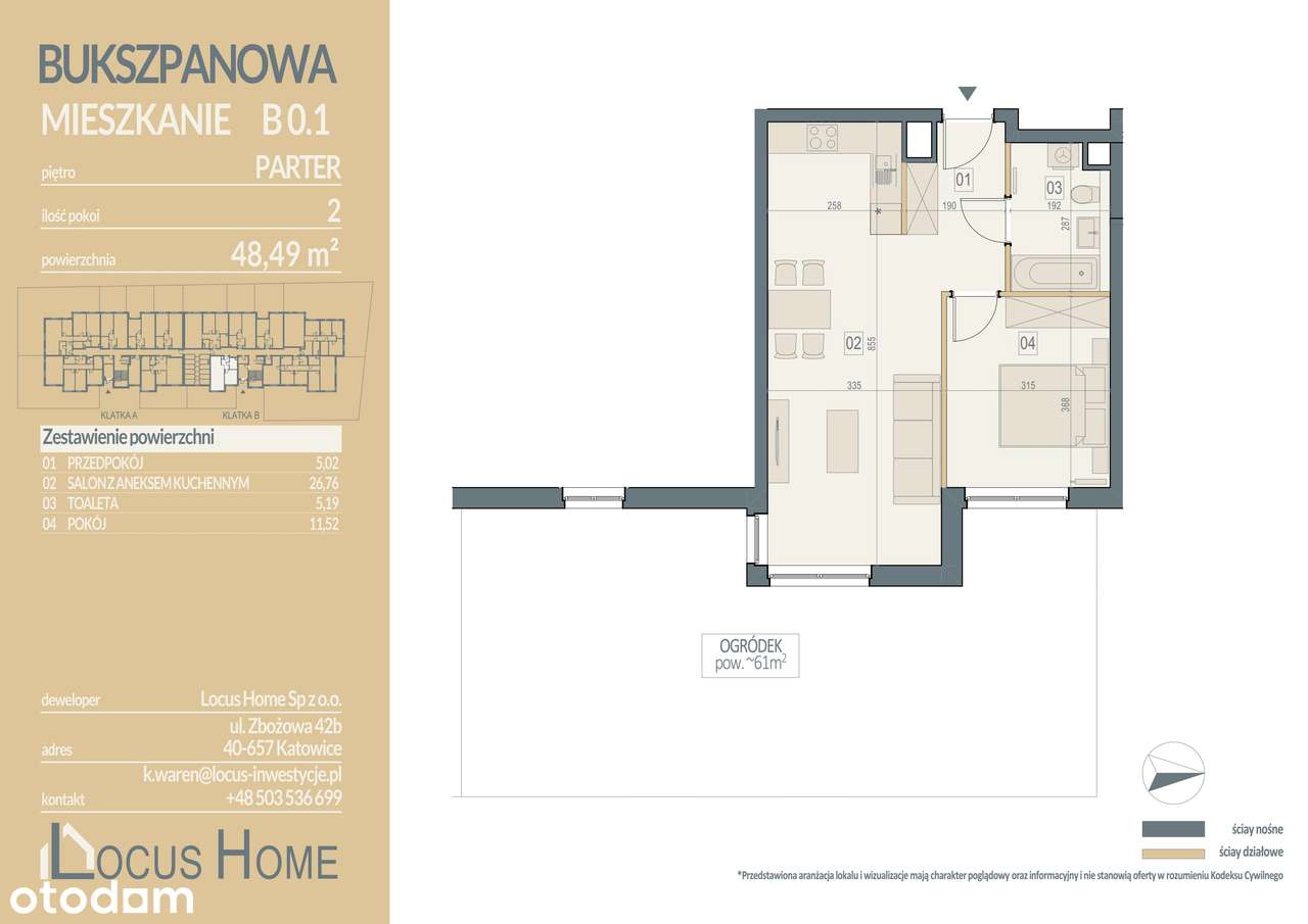 2-pokojowe mieszkanie 48m2 + ogródek Bez Prowizji - Pełny obrazek: 2/7