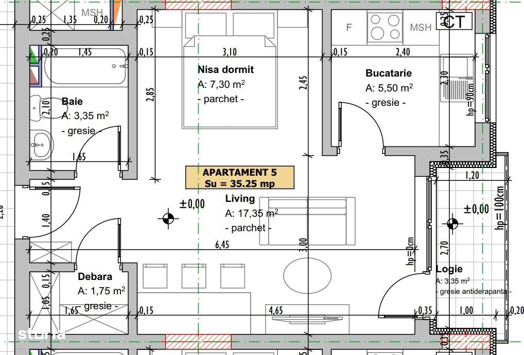 Apartament cu o camera +nisa de dormit, 35,25 mp, semifinisat, zona Vi