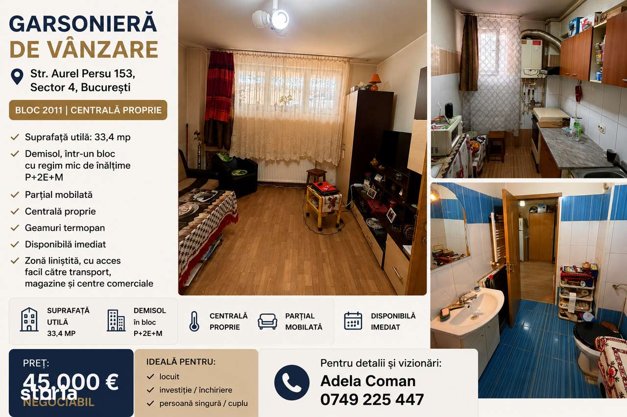 Garsoniera de vanzare - Aurel Persu 153 | Bloc 2011 | Centrala prop