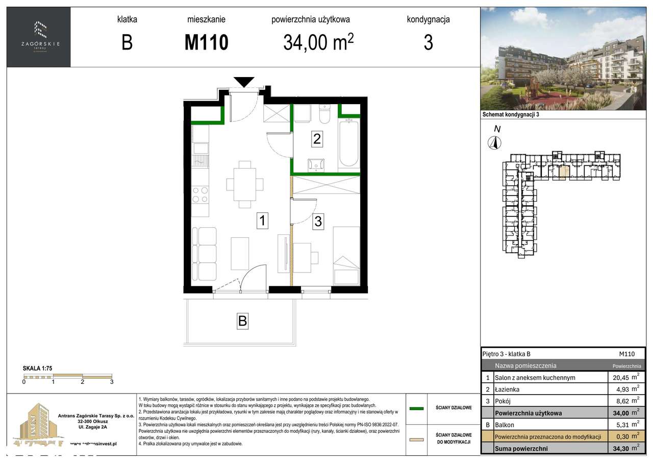 2-pokojowe mieszkanie 34m2 + balkon - Pełny obrazek: 2/8