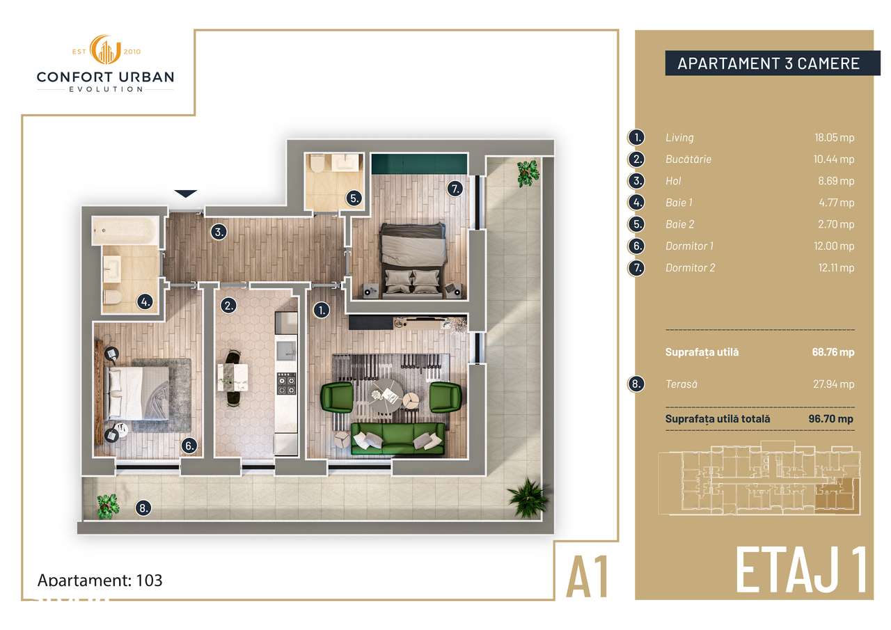 Apartament de 3 camere cu terasa, 96.70 mp  Confort Urban Evolution-0