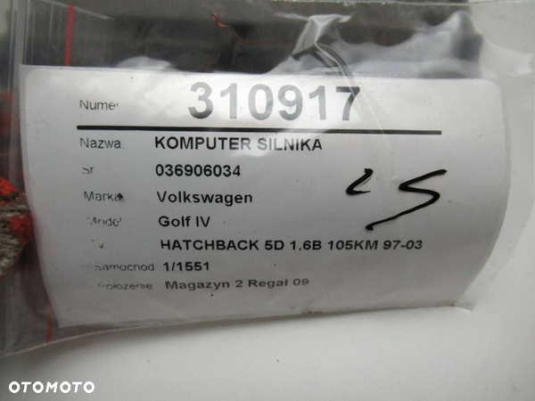 KOMPUTER SILNIKA VW GOLF IV (1J1) 1997 - 2008 1.6 16V 77 kW [105 KM] benzyna 2000 - 2005 036906034 - 7