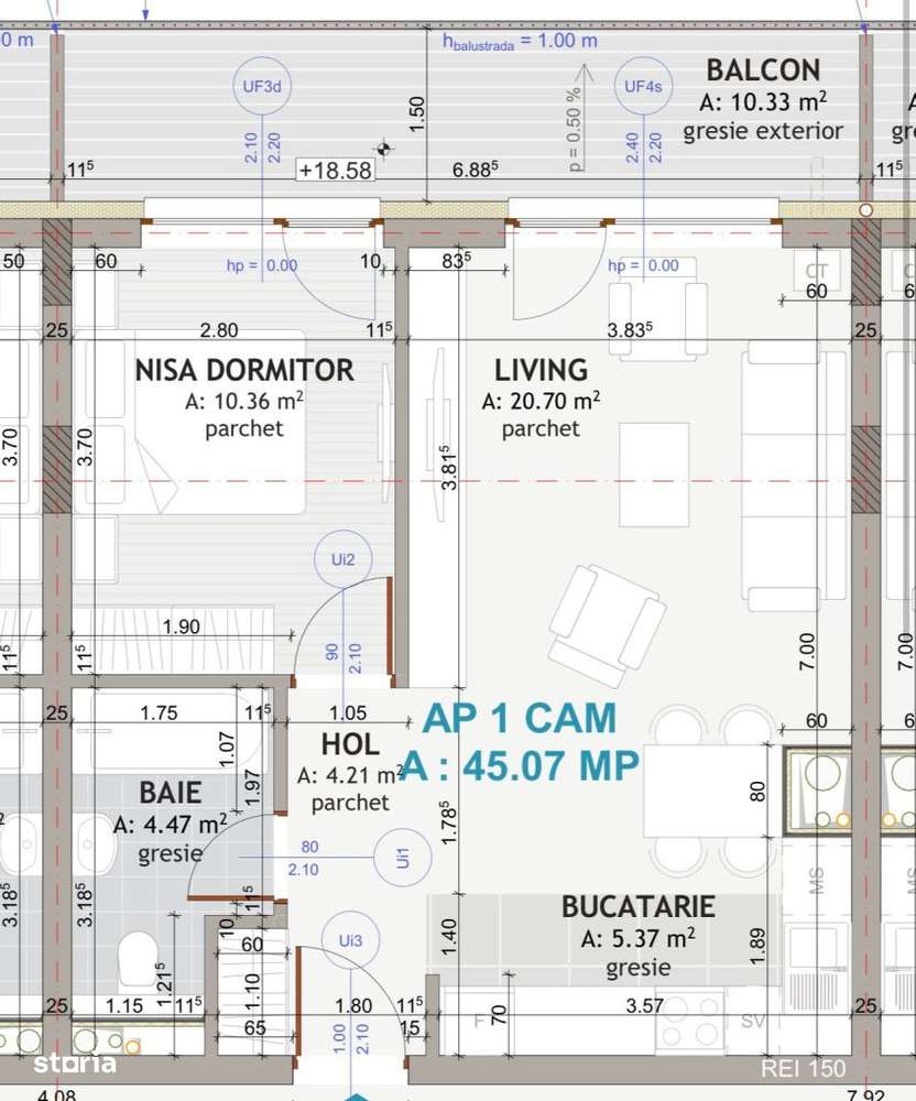 Apartament de 2 camere , 45,07 mp, semifinisat , EROILOR — fotografia 1