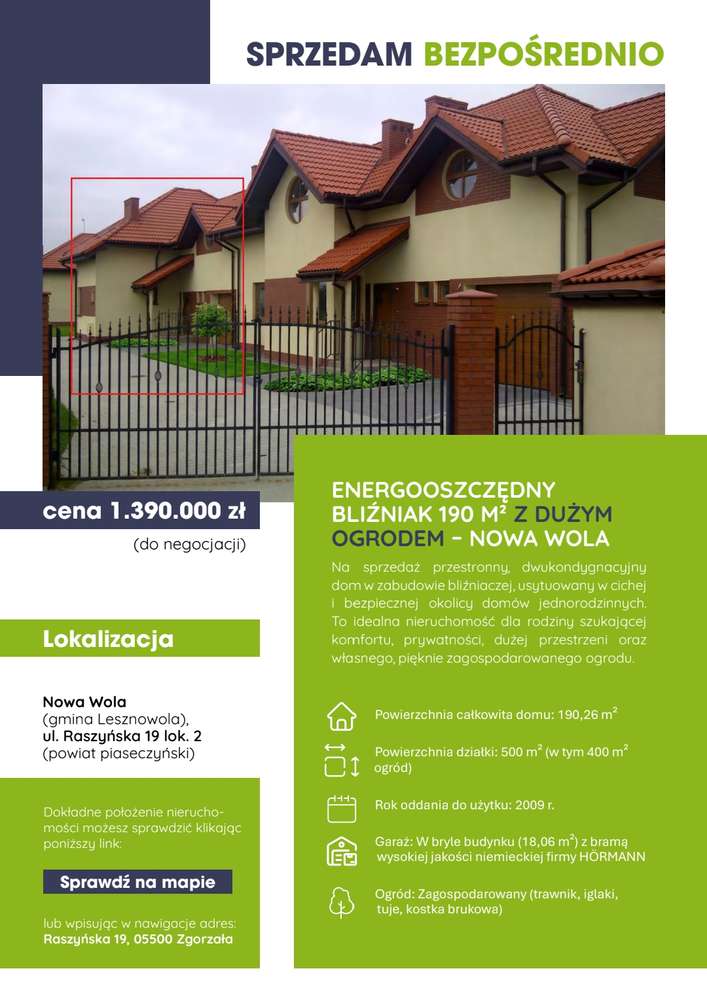 Sprzedam BEZPOŚREDNIO energooszczędny bliźniak 190m2 z dużym ogrodem