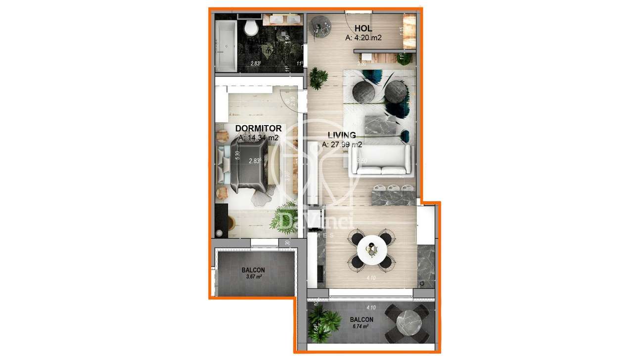 Apartament 2 camere,  52.24 mp, mobilat si utilat, terasa 10.41 mp - Imagine principală: 5/9
