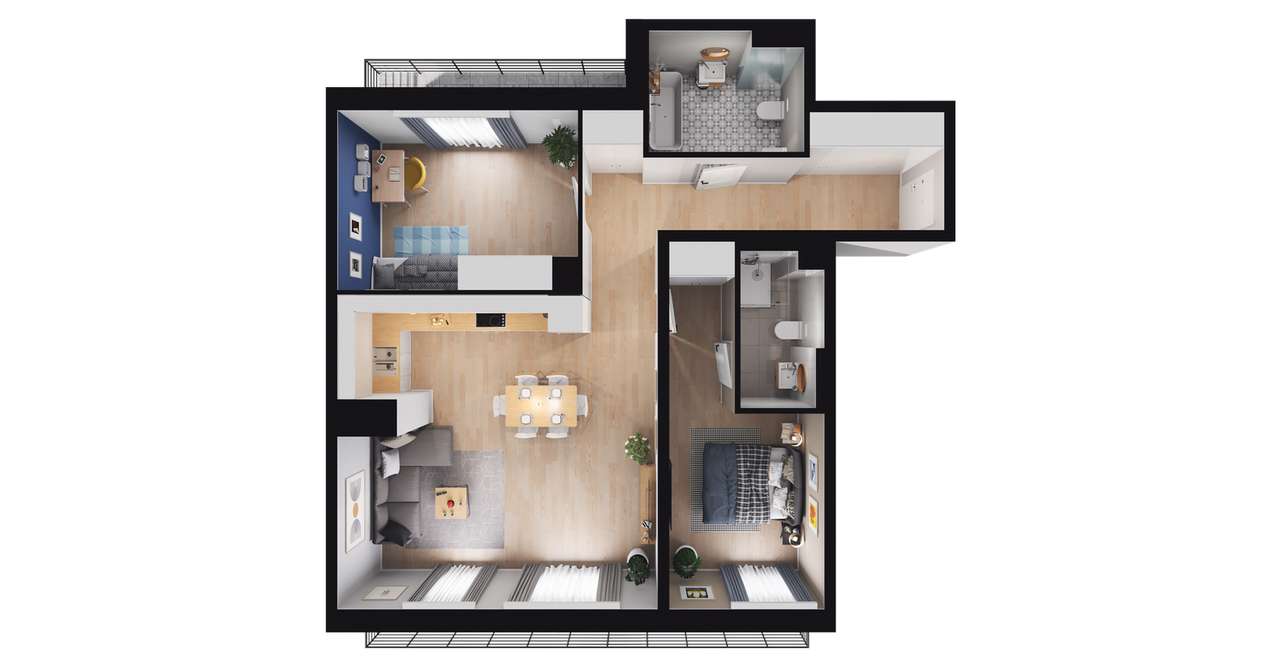 3-pokojowe mieszkanie 73m2 + 2 tarasy - Pełny obrazek: 2/8