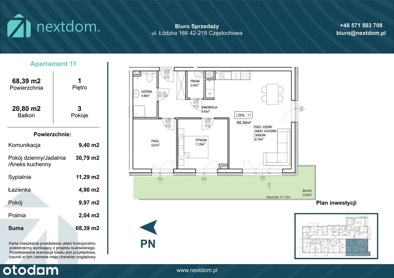 Apartament 11 - 68.39m2 + balkon 20.80m2 - Łódzka 166 Częstochowa