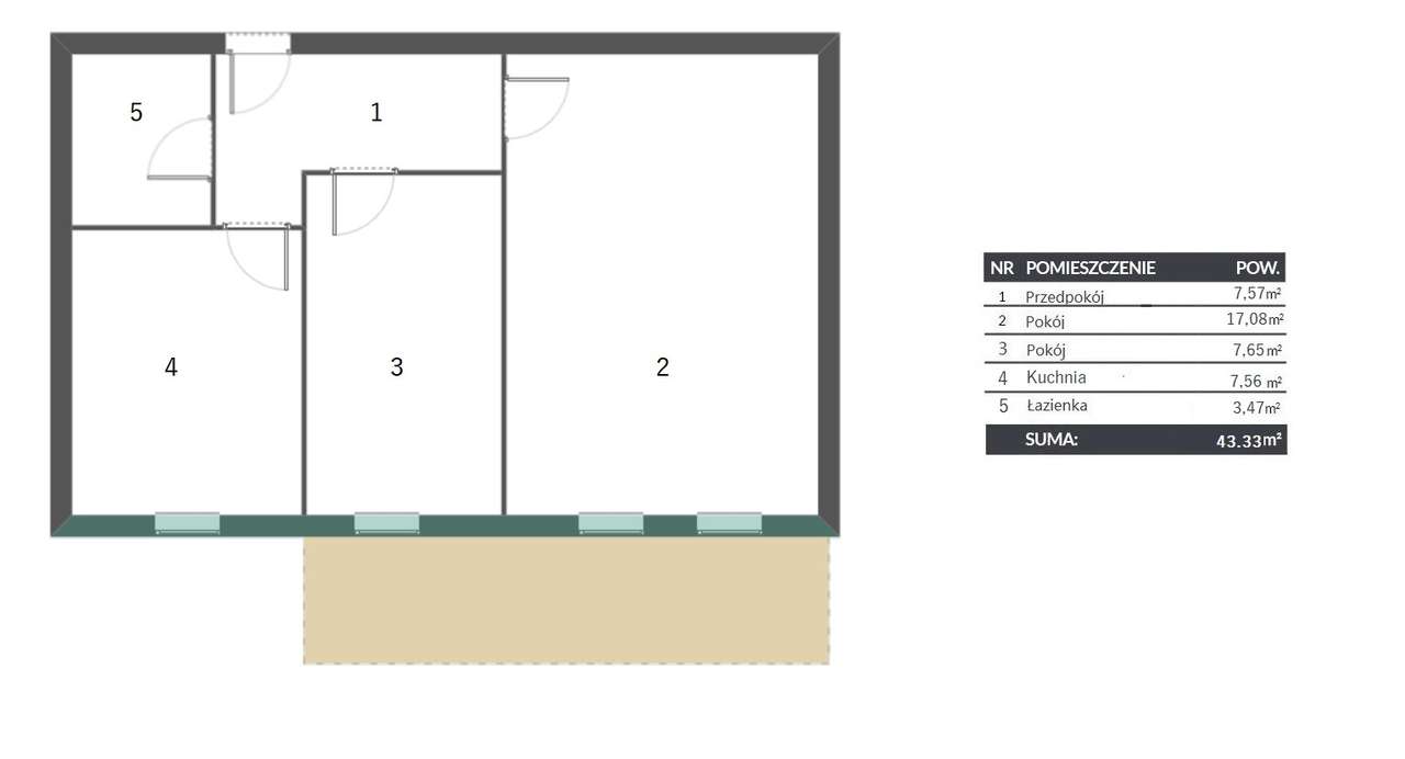 Mieszkanie w stanie deweloperskim M5K7 - PARTER 43,33 m2 - Pełny obrazek: 2/5