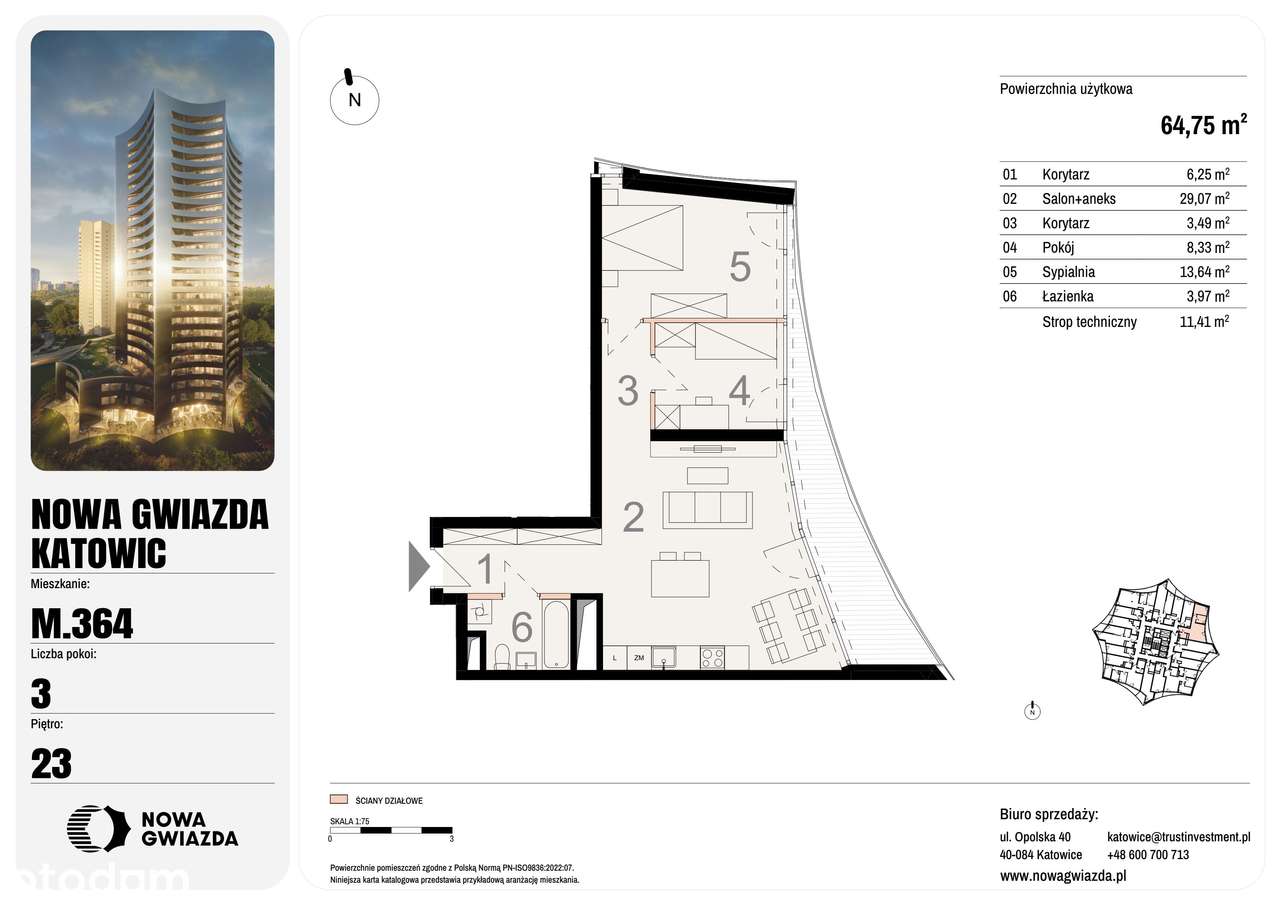 3-pokojowe mieszkanie 64m2 + balkon - Pełny obrazek: 2/7