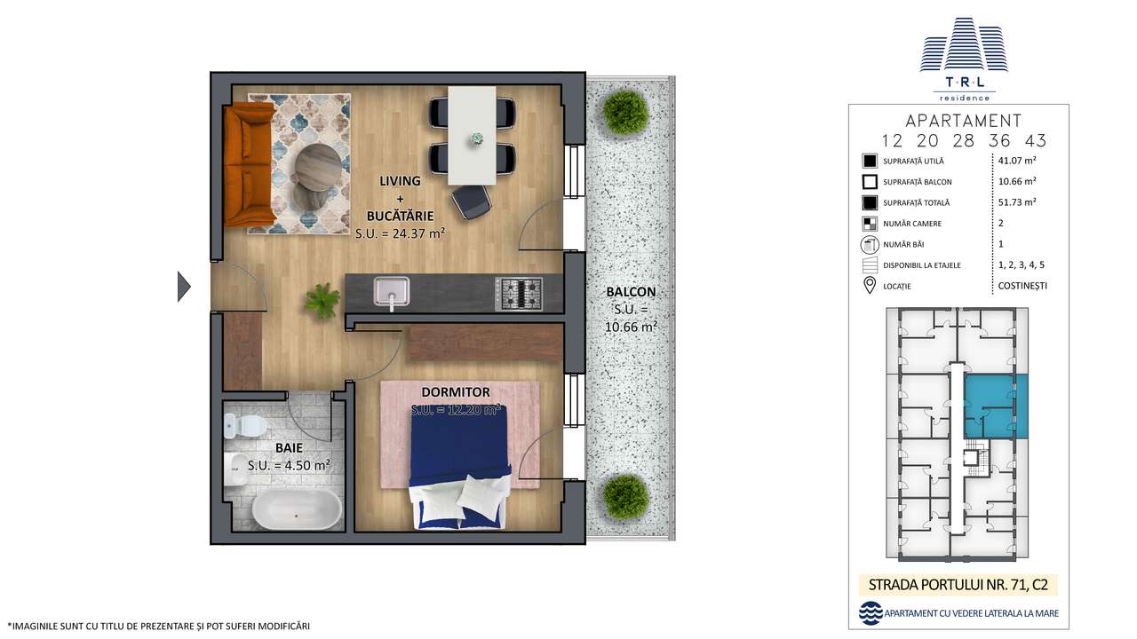 Apartament 36-C2, 2 camere,prima linie cu vedere la mare,Costinesti - Imagine principală: 5/5
