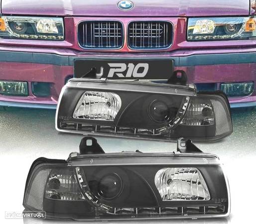 FARÓIS COM LUZ DIURNA LED PARA BMW E36 4PORTAS 90-99 FUNDO PRETO - 1