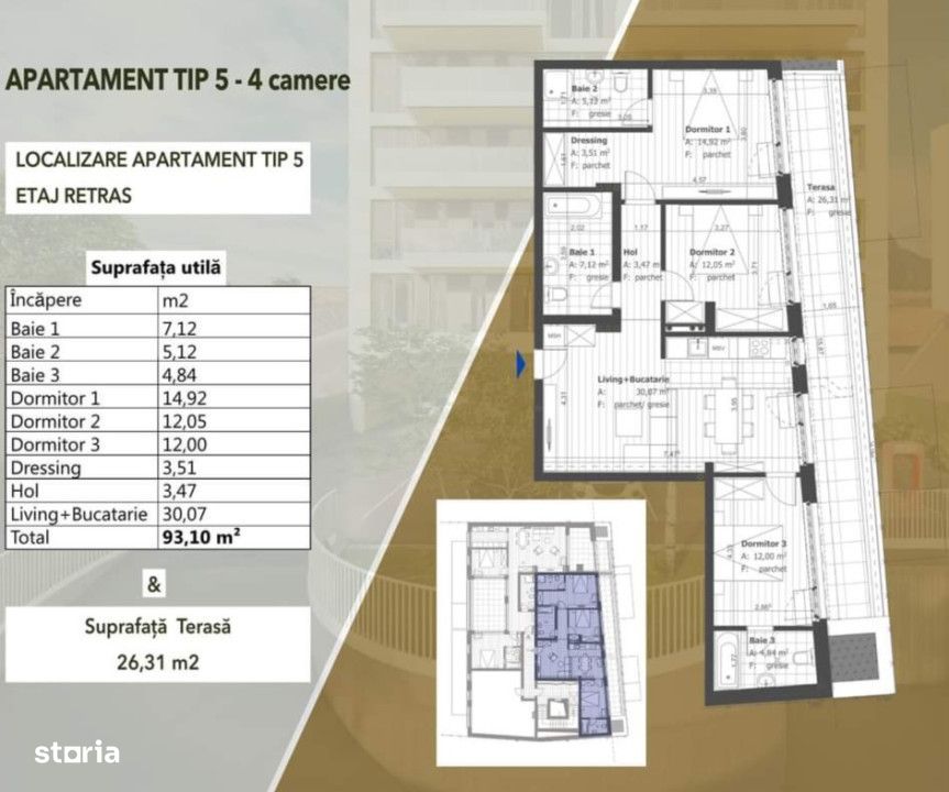 Penthouse de 4 camere, 93mp, terasa de 26mp, et 6, Semicentral