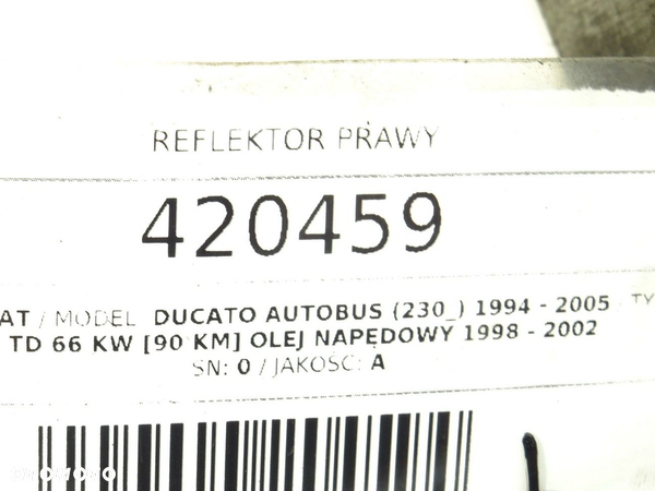 REFLEKTOR PRAWY FIAT DUCATO Autobus (230_) 1994 - 2005 1.9 TD 66 kW [90 KM] olej napędowy 1998 - - 4