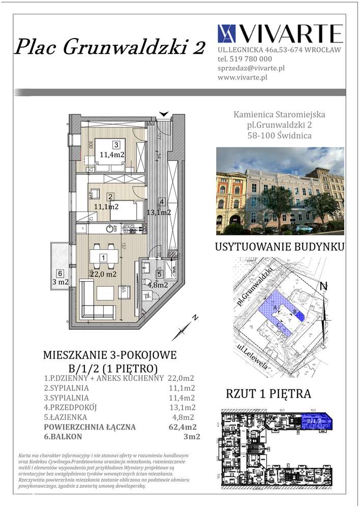 3-pokojowe mieszkanie  w sercu Świdnicy 62,4 m2, z balkonem - Pełny obrazek: 2/7