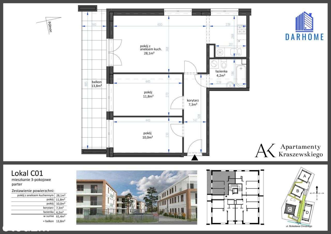3-pokojowe mieszkanie 61m2 + balkon Bezpośrednio - Pełny obrazek: 2/9