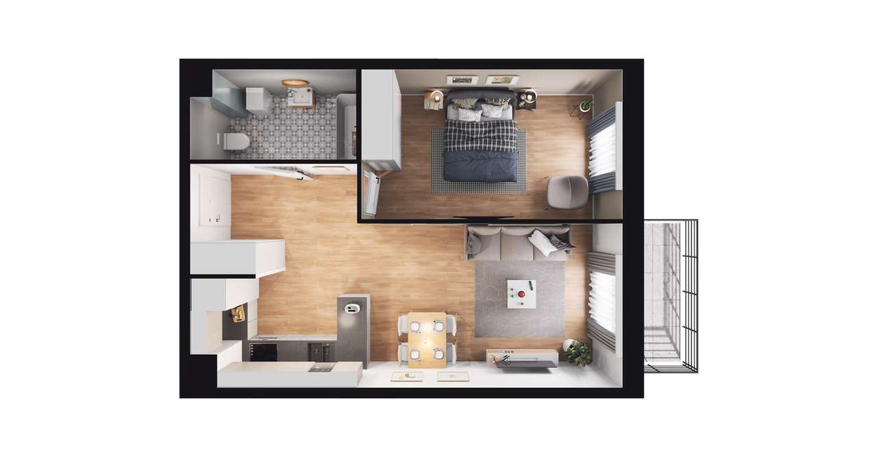 2-pokojowe mieszkanie 44m2 + balkon - Pełny obrazek: 2/7